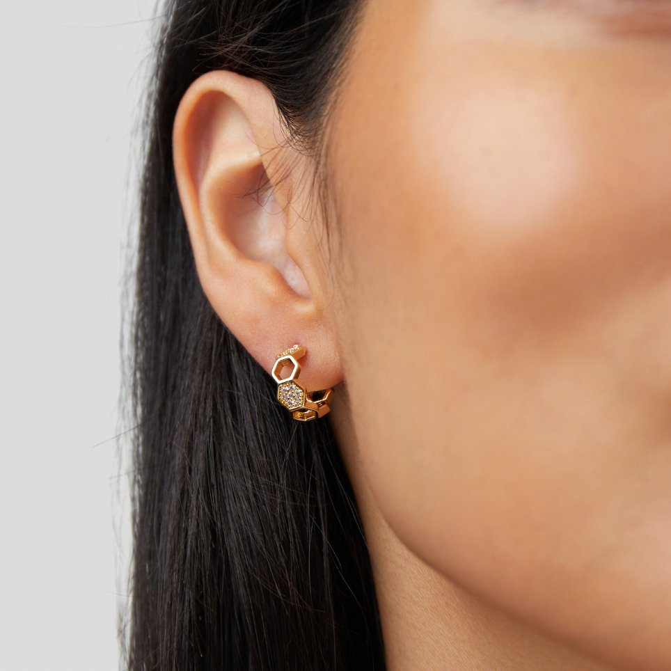 Gold & Crystal Honeycomb Hoop Earrings - Beautiful Earth Boutique