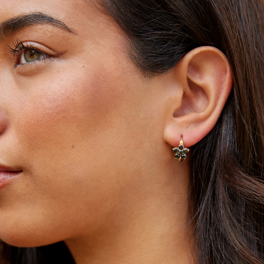 Black Crystal Flower Hoop Earrings