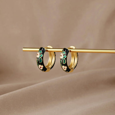 Black Gold Hoop Flower Earrings - Beautiful Earth Boutique