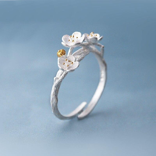 Unique Cherry Blossom Ring in Blackened Silver + .09 Ct. Diamond Pre-Order | Bl. Silver, Diamond, Note Size 5.5 - 8.5