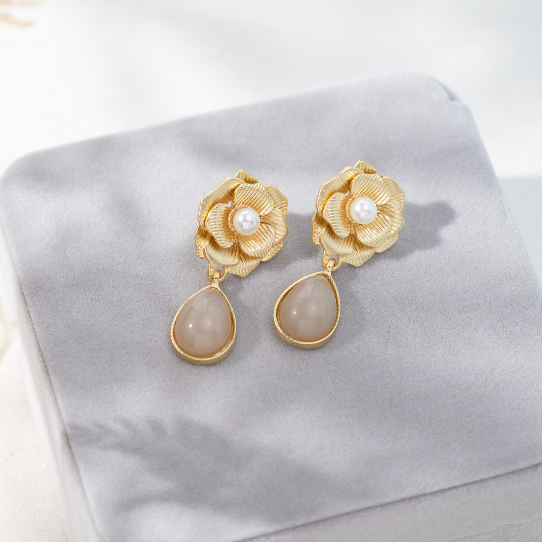 Camelia Flower & Stone Drop Earrings - Beautiful Earth Boutique