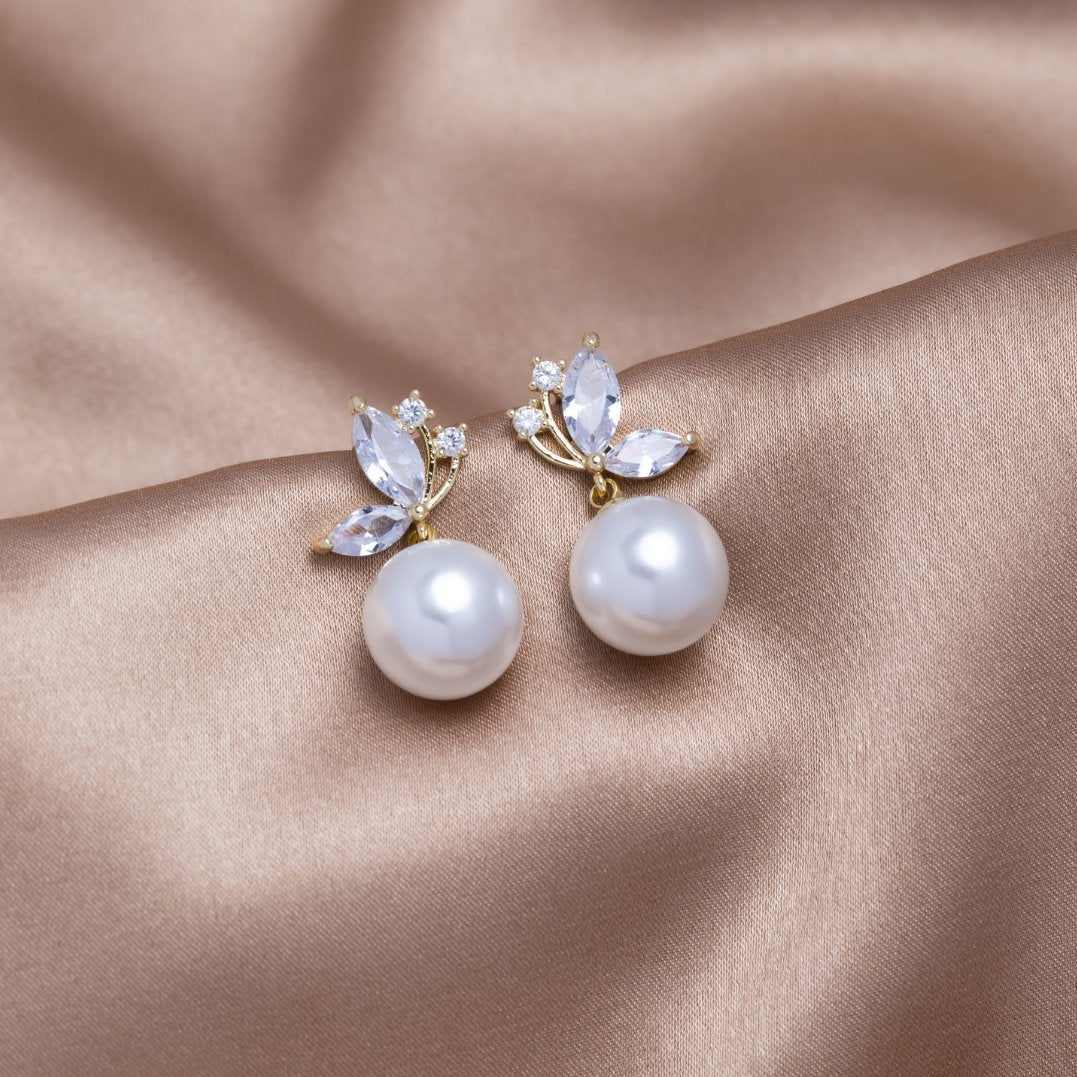 Crystal Butterfly & White Pearl Earrings - Beautiful Earth Boutique