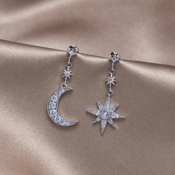 Silver Gold Dangling Moon Star Earrings