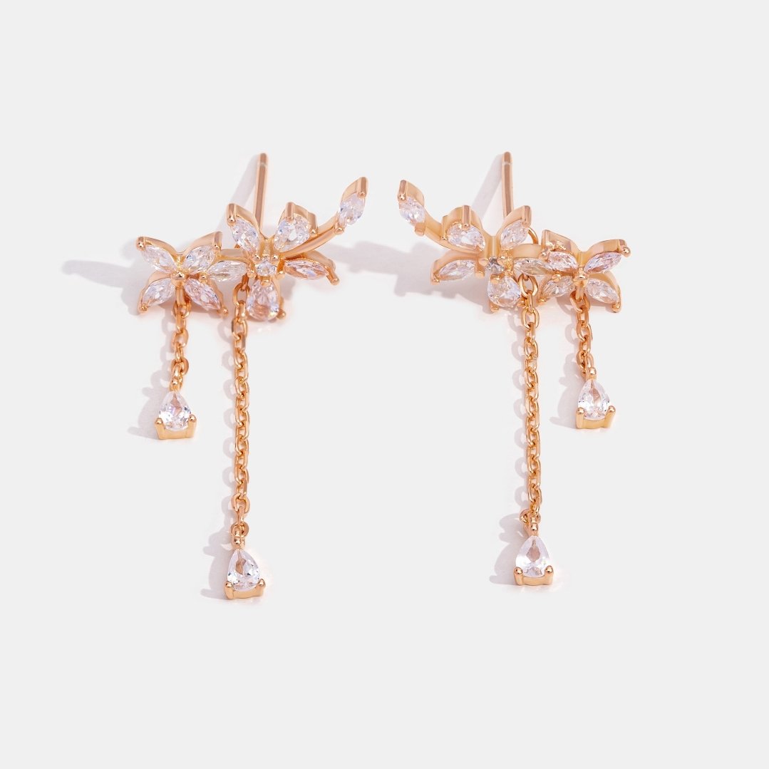Crystal Rose Gold Flower Tassel Earrings - Beautiful Earth Boutique