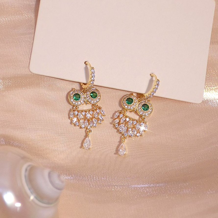Green Crystal Owl Earrings
