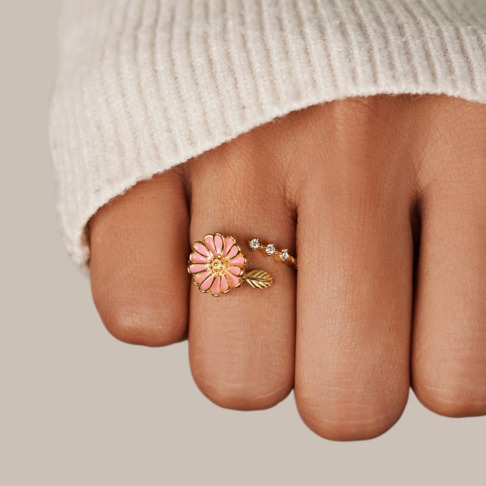 Pink Daisy Flower Trio Ring, Rose gold plated