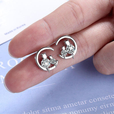 Silver Cat & Moon Earrings
