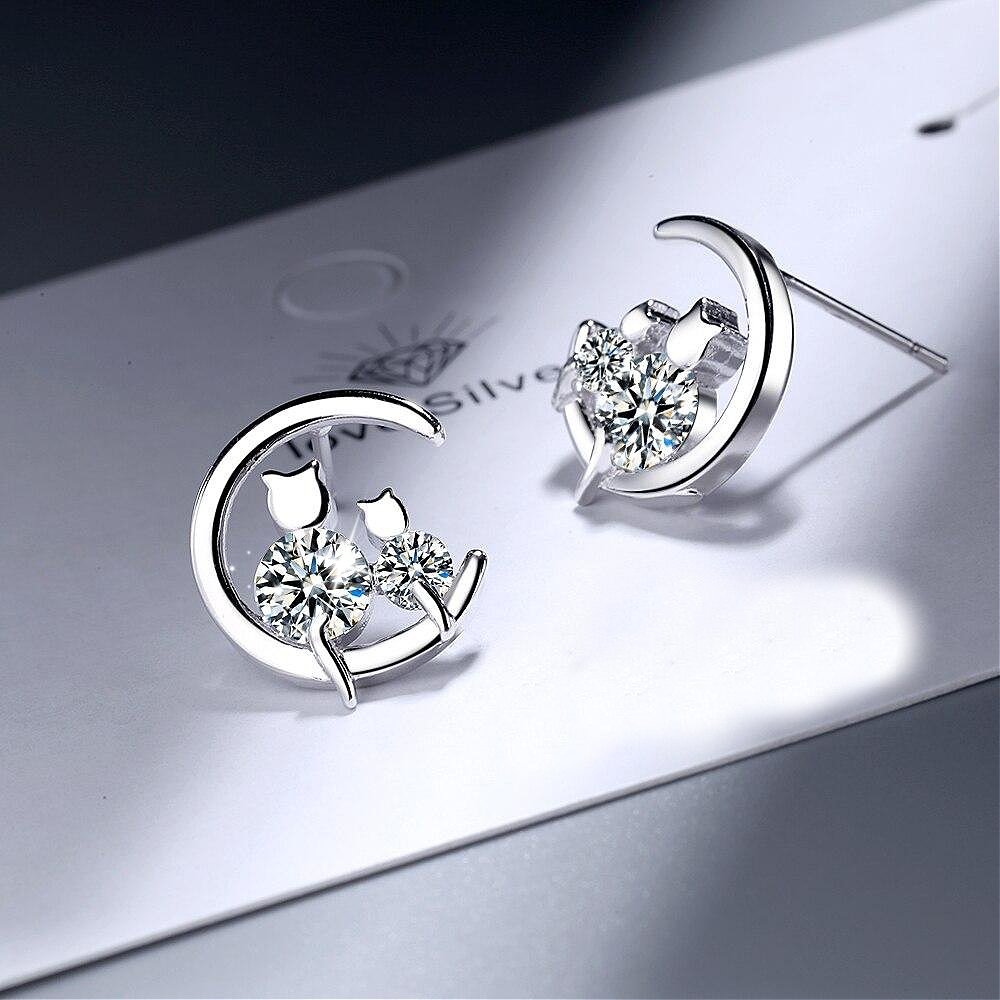 Silver Cat & Moon Earrings