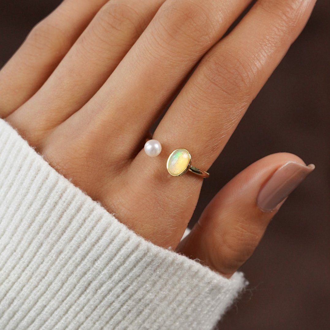 White Opal & Pearl Gold Ring - Beautiful Earth Boutique